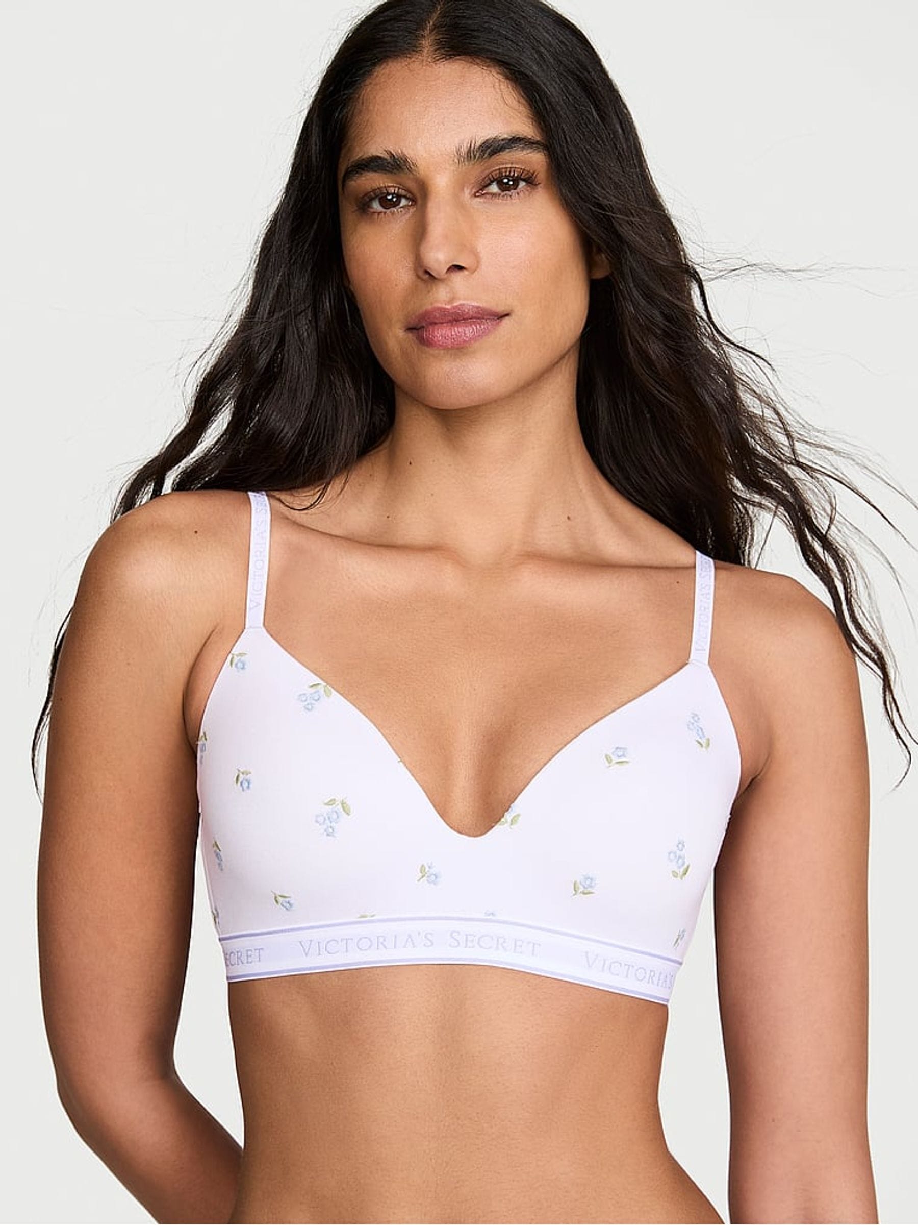 Victoria's Secret White Floral Lightly Lined Non Wired Cotton Logo Embroidered Bra