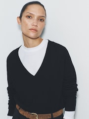 The Set 3 Pack 4 Pack Fine Knit V-Neck Jumpers Black/Chocolate Brown/Stone - Image 1 of 5