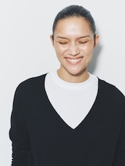 The Set 3 Pack 4 Pack Fine Knit V-Neck Jumpers Black/Chocolate Brown/Stone - Image 4 of 5