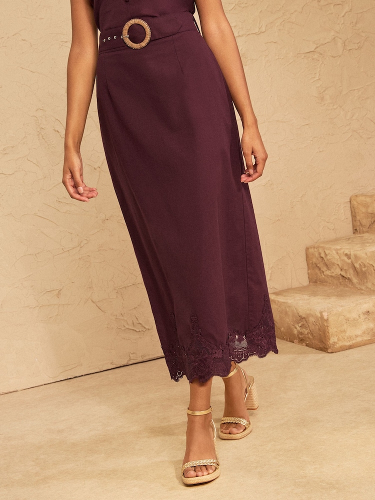 Love & Roses Berry Cotton / Linen Blend Lace Trim Midi Skirt - Image 1 of 5