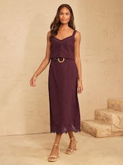 Love & Roses Berry Cotton / Linen Blend Lace Trim Midi Skirt - Image 3 of 5