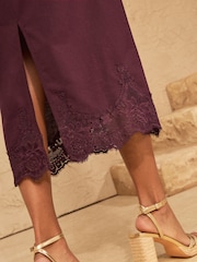 Love & Roses Berry Cotton / Linen Blend Lace Trim Midi Skirt - Image 5 of 5