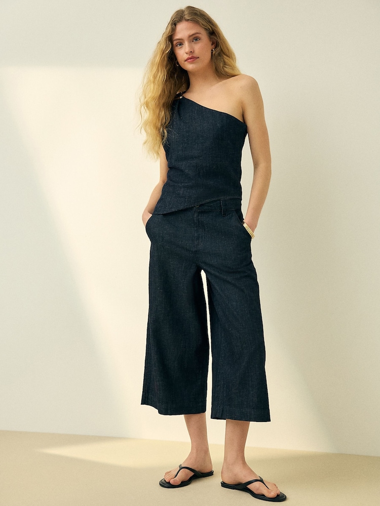 漂洗蓝色 - 阔腿七分牛仔裤 - 图片1 / 8