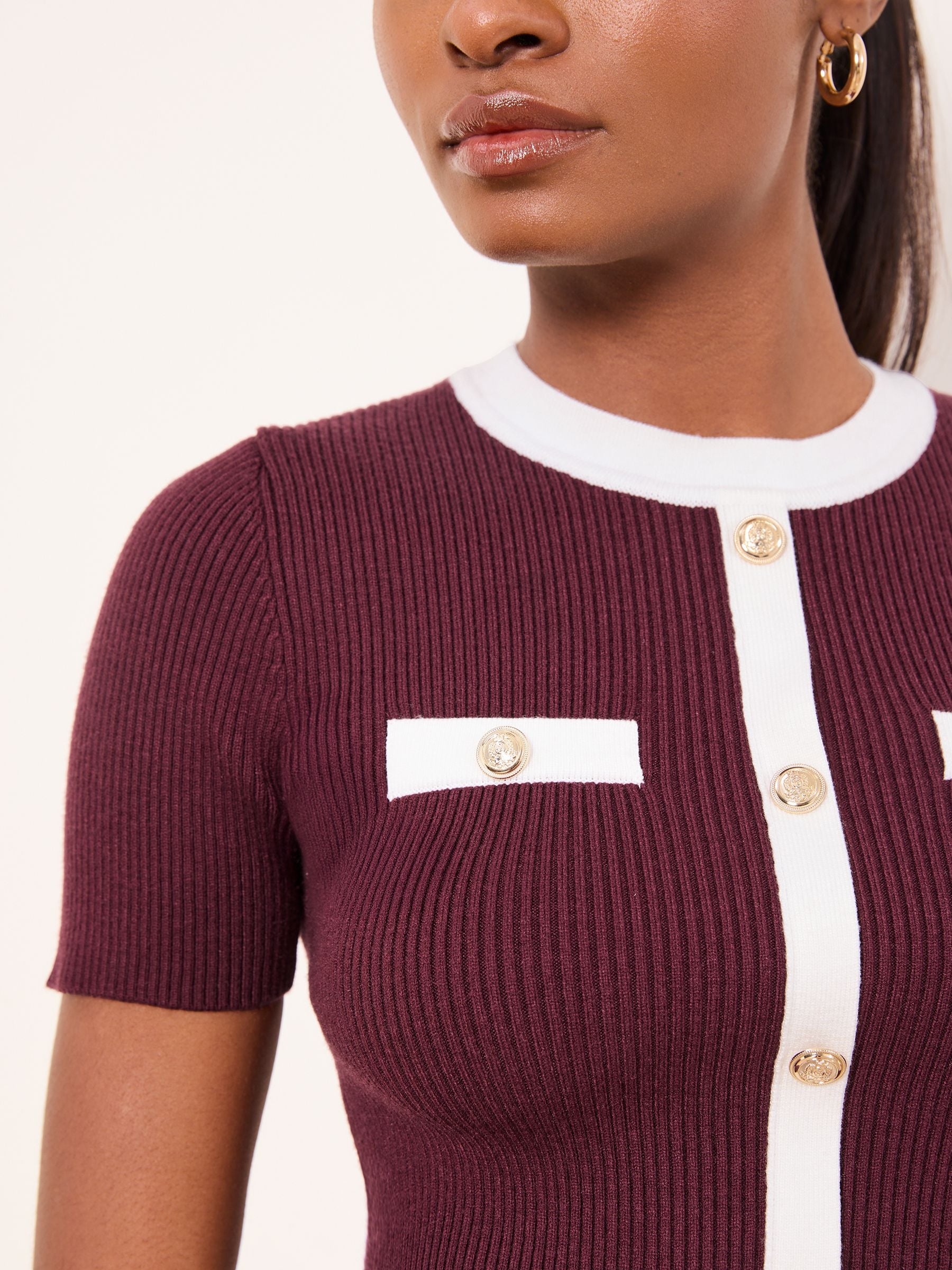 Buy Lipsy Burgundy Red Tipped Buttoned Short Sleeve Knitted Top