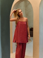 Daily by Desmond and Dempsey Deep Red Lyocell Viscose Linen Blend Longline Eyelet Cami Dress - Image 1 of 5