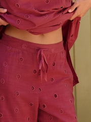 Daily by Desmond and Dempsey Deep Red Lyocell Viscose Linen Blend Longline Eyelet Trousers - Image 5 of 6