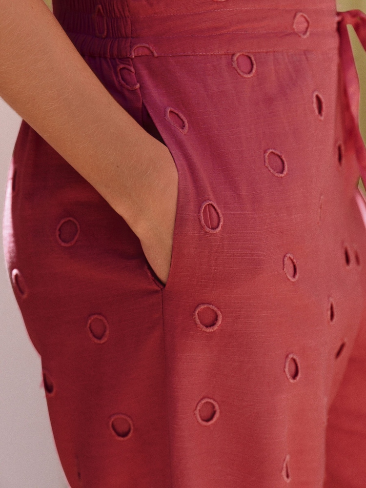 Daily by Desmond and Dempsey Deep Red Lyocell Viscose Linen Blend Longline Eyelet Trousers - Image 6 of 6