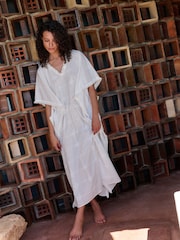 Daily by Desmond and Dempsey White Embroidery Cotton Tie Kaftan Dress - Image 1 of 5