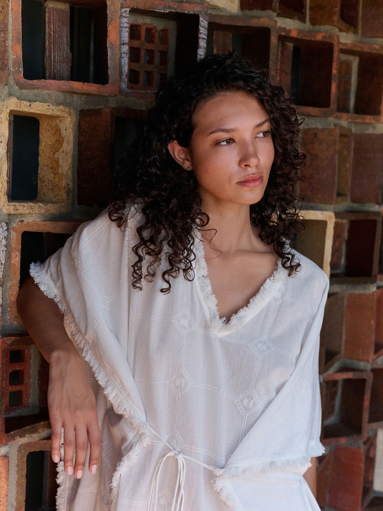 Daily by Desmond and Dempsey White Embroidery Cotton Tie Kaftan Dress - Image 2 of 5