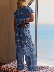 Daily by Desmond and Dempsey Blue All over Embroidery Cotton Straight Leg Co-ord Trousers - Image 3 of 4