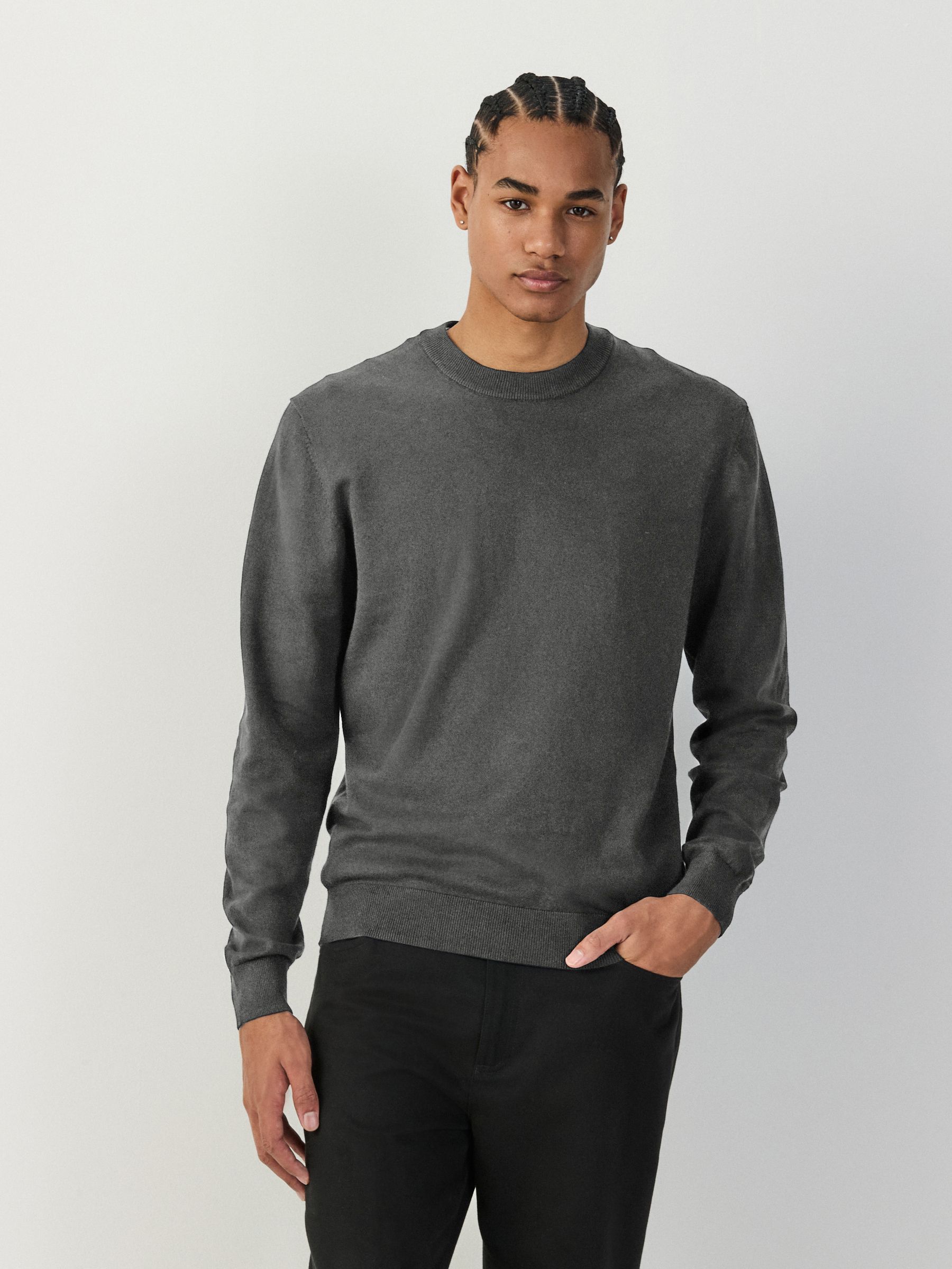 Buy Charcoal Grey Crew Neck Regular Fit Cotton Rich Jumper from