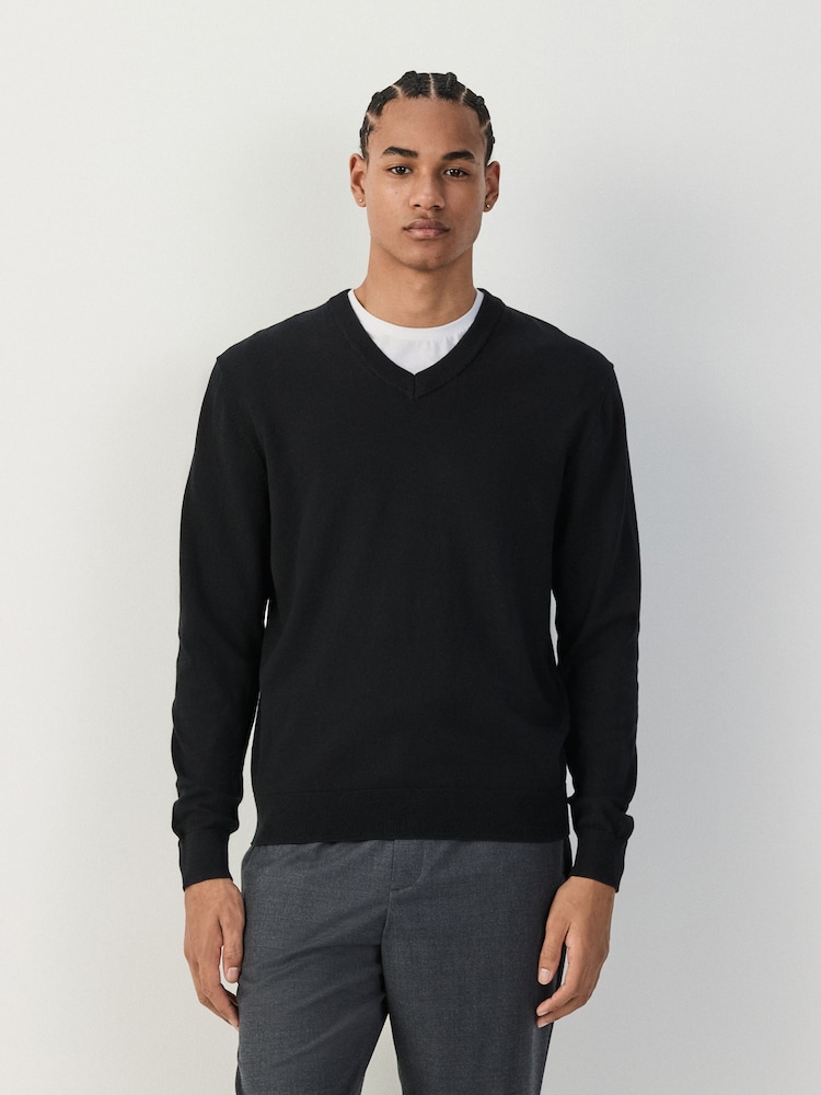 Black V-Neck Regular Fit Cotton Rich Jumper - Image 1 of 8