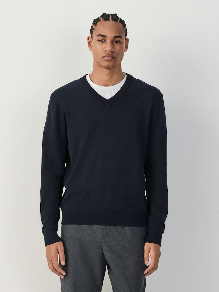 Navy Blue V-Neck Regular Fit Cotton Rich Jumper - Image 1 of 8 Navy Blue V-Neck Regular Fit Cotton Rich Jumper - Image 1 of 8