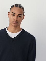Navy Blue V-Neck Regular Fit Cotton Rich Jumper - Image 5 of 8