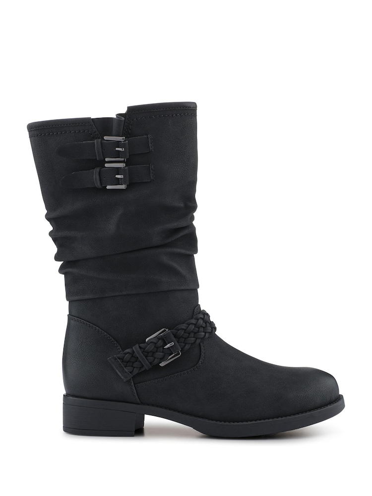 Pavers Black Buckle-Detailed Calf Length Boots - Image 1 of 5