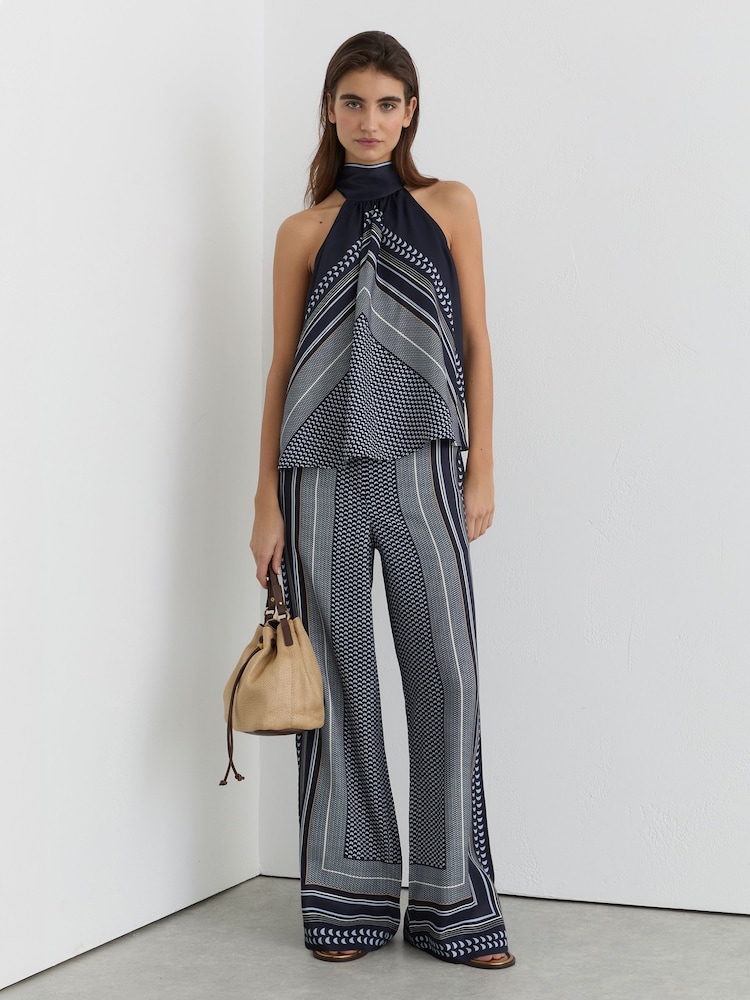 Reiss Navy Anna Scarf-Print Wide-Leg Trousers - Image 1 of 7 Reiss Navy Anna Scarf-Print Wide-Leg Trousers - Image 1 of 7