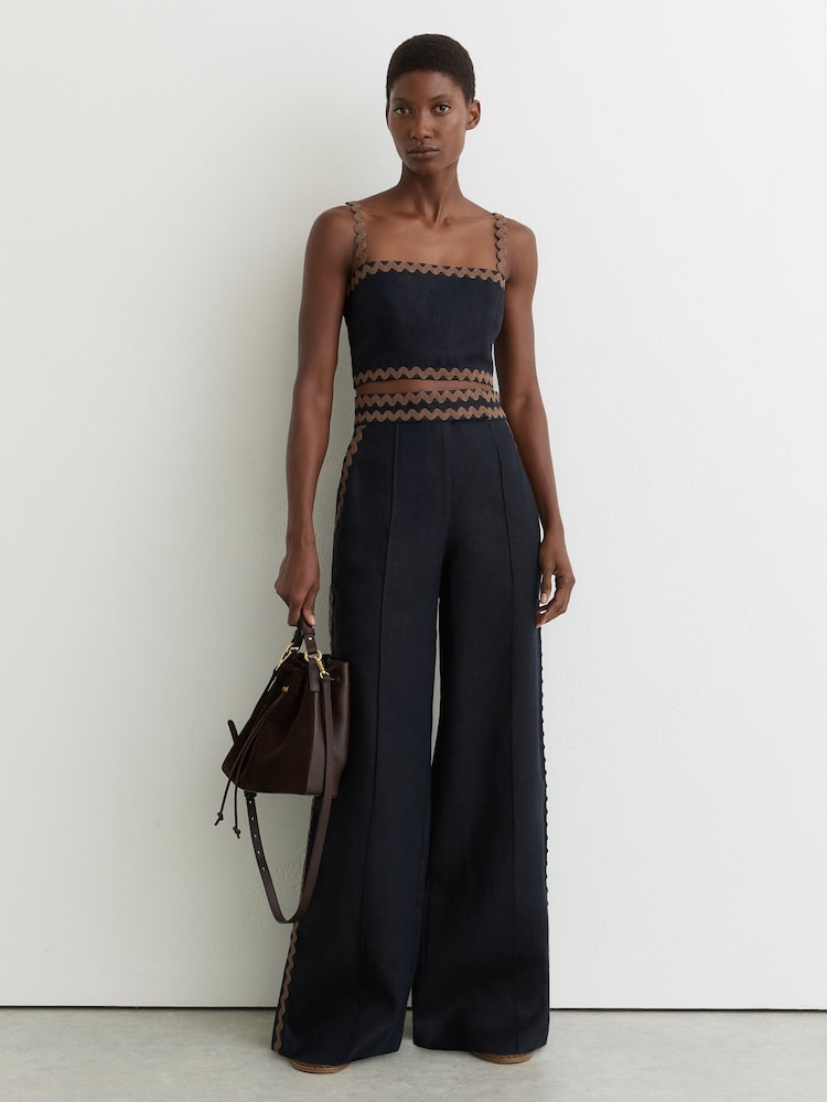 Reiss Navy/Brown Mila Linen Wave-Trim Wide-Leg Trousers - Image 1 of 7 Reiss Navy/Brown Mila Linen Wave-Trim Wide-Leg Trousers - Image 1 of 7
