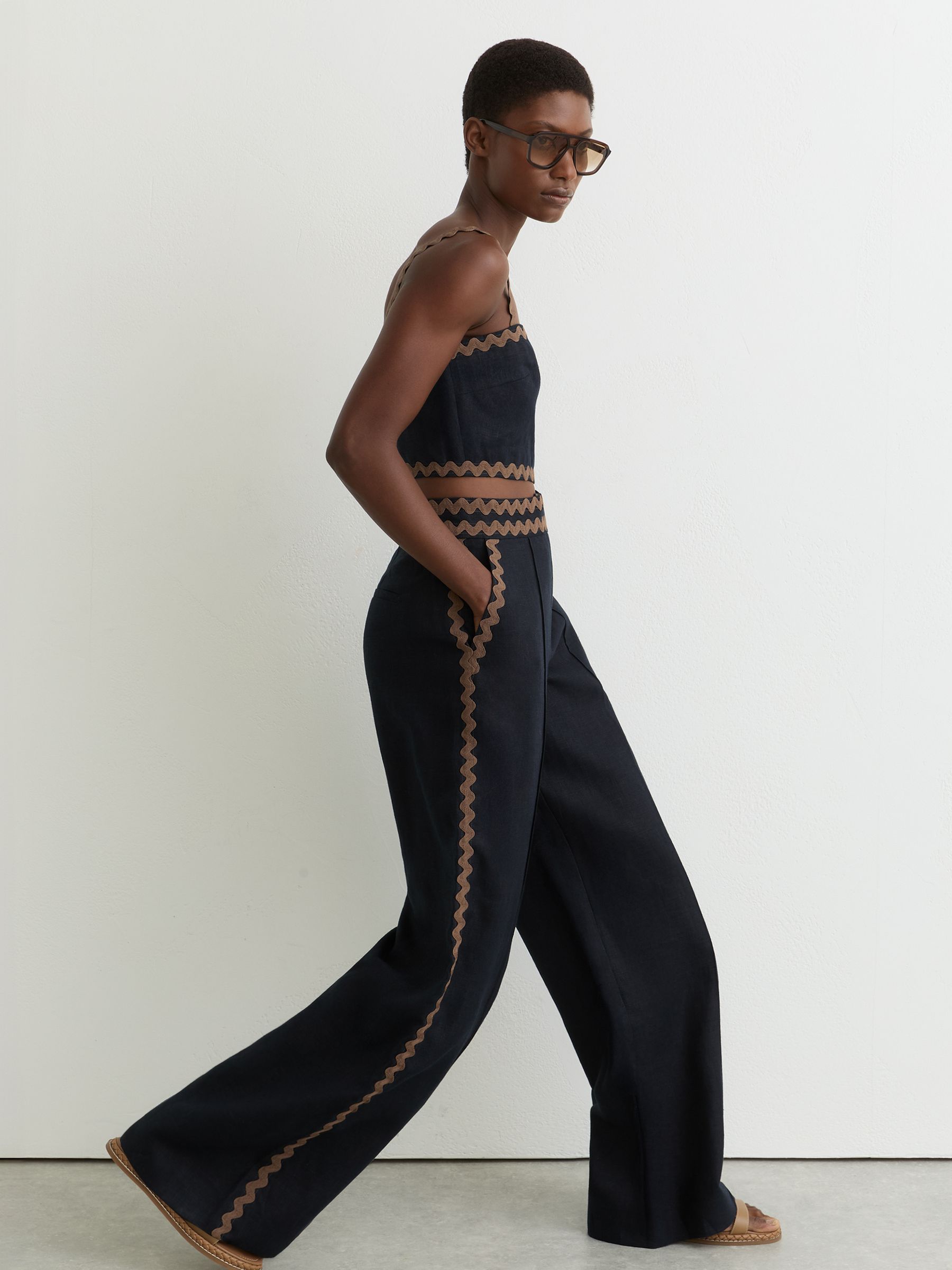 Buy Reiss Navy/Brown Mila Linen Wave-Trim Wide-Leg Trousers from