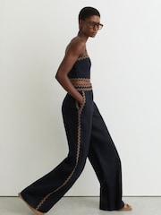 Reiss Navy/Brown Mila Linen Wave-Trim Wide-Leg Trousers - Image 3 of 7