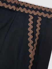 Reiss Navy/Brown Mila Linen Wave-Trim Wide-Leg Trousers - Image 7 of 7