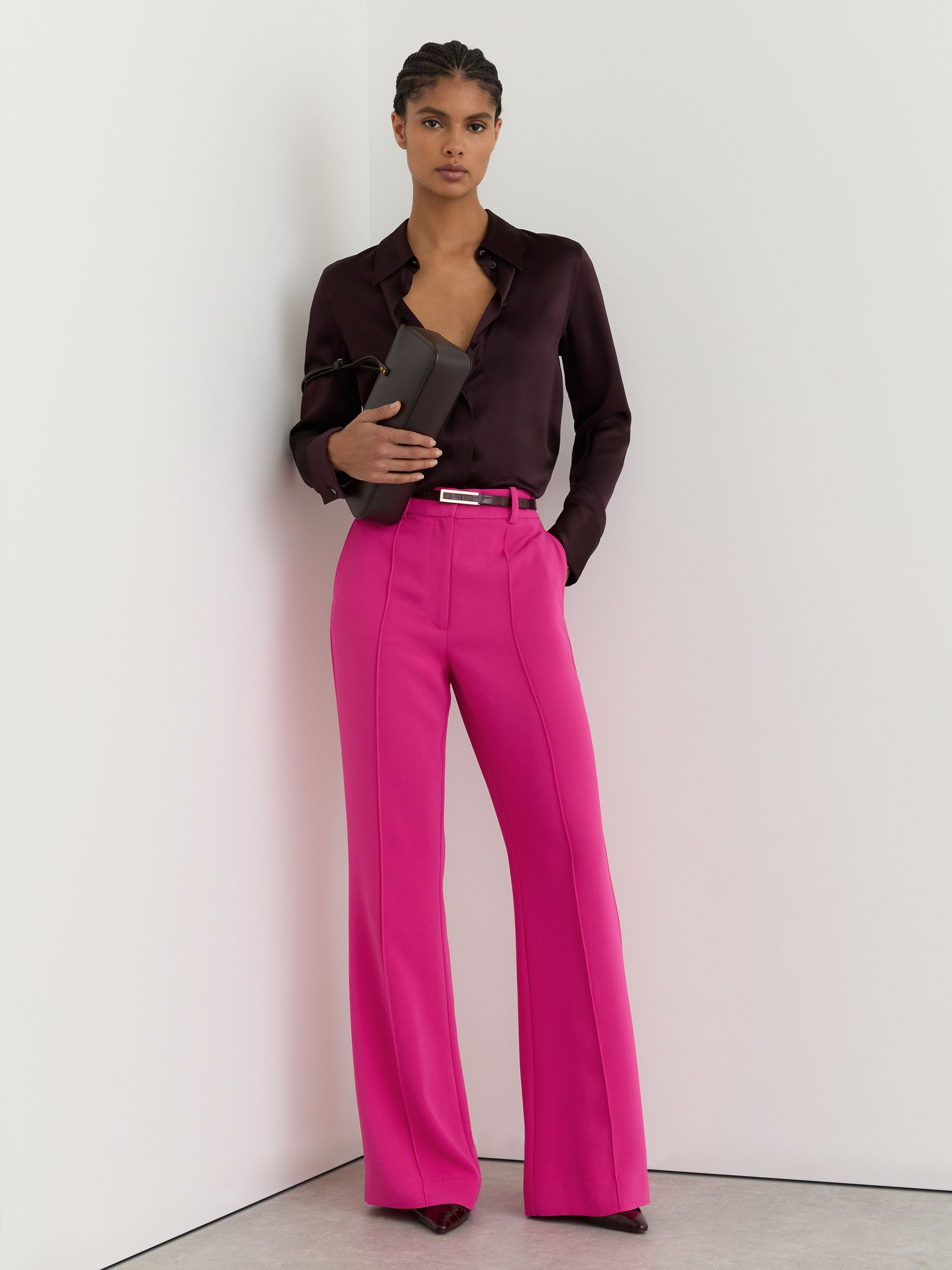 Buy Reiss Bright Pink Skye Petite Seam-Detail Flared Trousers from