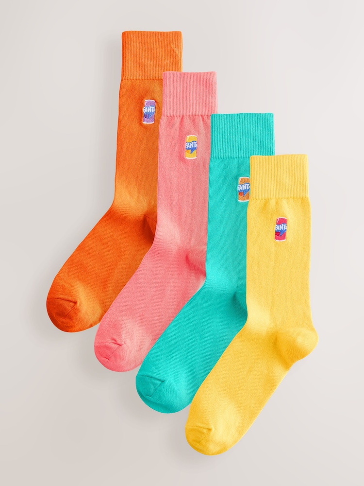 Orange/Yellow/Pink Fanta Embroidered Socks 4 Pack - Image 1 of 8 Orange/Yellow/Pink Fanta Embroidered Socks 4 Pack - Image 1 of 8