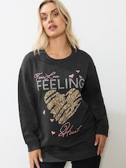 Yours Curve Grey Heart Detail Sweatshirt - Image 1 of 4