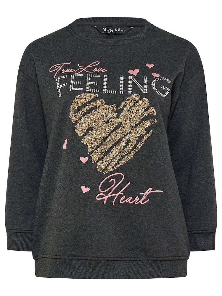 Yours Curve Grey Heart Detail Sweatshirt - Image 4 of 4