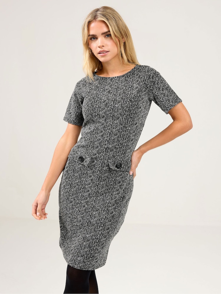 M&Co Grey Petite Jaquard Button Work Dress - Image 2 of 5 M&Co Grey Petite Jaquard Button Work Dress - Image 2 of 5
