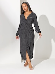Yours Curve Black London Glitter Long Sleeve Knot Maxi Dress - Image 1 of 6