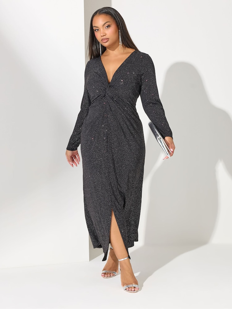 Yours Curve London Glitter Long Sleeve Knot Maxi Dress - صورة 1 من 6 Yours Curve London Glitter Long Sleeve Knot Maxi Dress - صورة 1 من 6