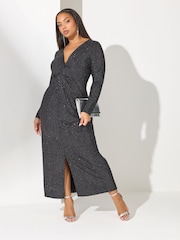 Yours Curve Black London Glitter Long Sleeve Knot Maxi Dress - Image 2 of 6