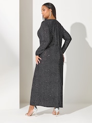Yours Curve Black London Glitter Long Sleeve Knot Maxi Dress - Image 3 of 6