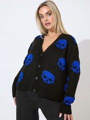 Yours Curve Blue Limited Skull Knitted Cardigan - Image 1 of 5