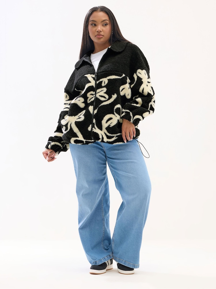 Yours Curve Black Borg Half Ribbon Fleece - Image 2 of 4 Yours Curve Black Borg Half Ribbon Fleece - Image 2 of 4