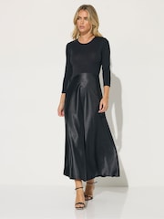 PixieGirl Petite Black Long Sleeve Mixed Satin Skirt Maxi Dress - Image 1 of 5