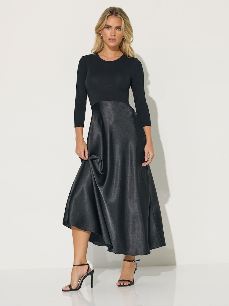 PixieGirl Petite Black Long Sleeve Mixed Satin Skirt Maxi Dress - Image 2 of 5 PixieGirl Petite Black Long Sleeve Mixed Satin Skirt Maxi Dress - Image 2 of 5