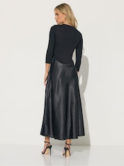 PixieGirl Petite Black Long Sleeve Mixed Satin Skirt Maxi Dress - Image 3 of 5