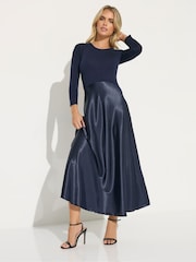 PixieGirl Petite Blue Long Sleeve Mixed Satin Skirt Maxi Dress - Image 1 of 5