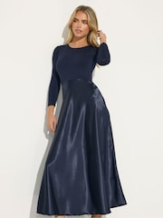 PixieGirl Petite Blue Long Sleeve Mixed Satin Skirt Maxi Dress - Image 2 of 5