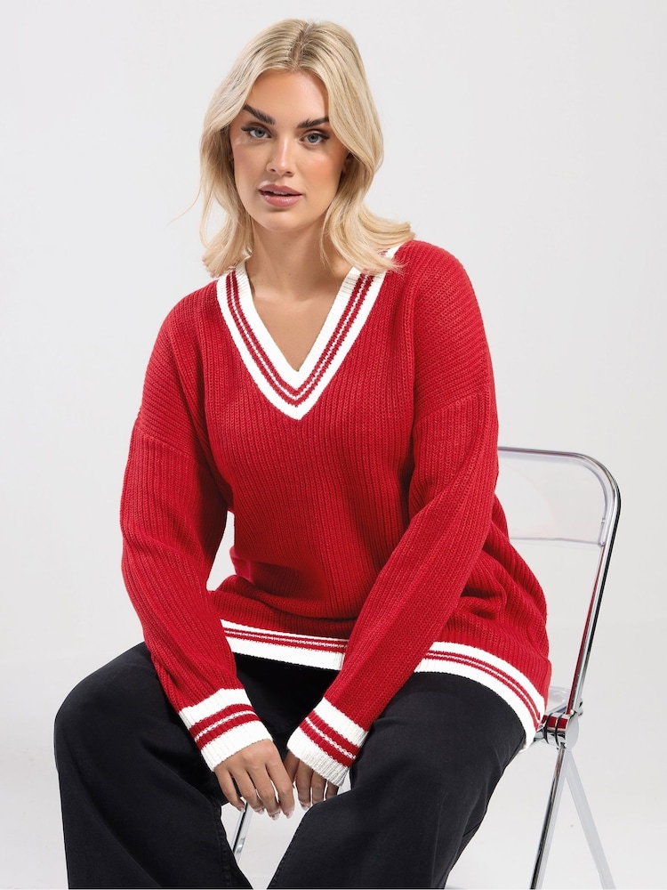 Yours Curve Red V Front Tennis Jumper - Image 1 of 5 Yours Curve Red V Front Tennis Jumper - Image 1 of 5