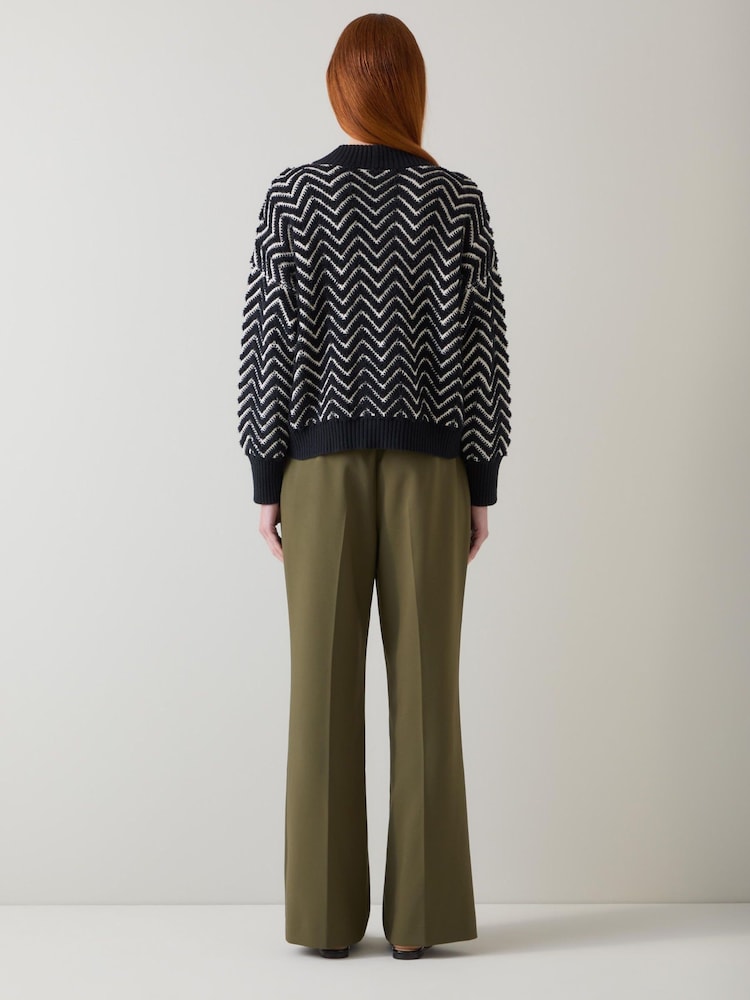 LK Bennett Black Dakota Zig Zag Print Cotton Loop Cardigan - Image 2 of 4 LK Bennett Black Dakota Zig Zag Print Cotton Loop Cardigan - Image 2 of 4