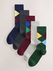 Blue/Red/Green Argyle Pattern Socks 5 Pack - Image 1 of 8