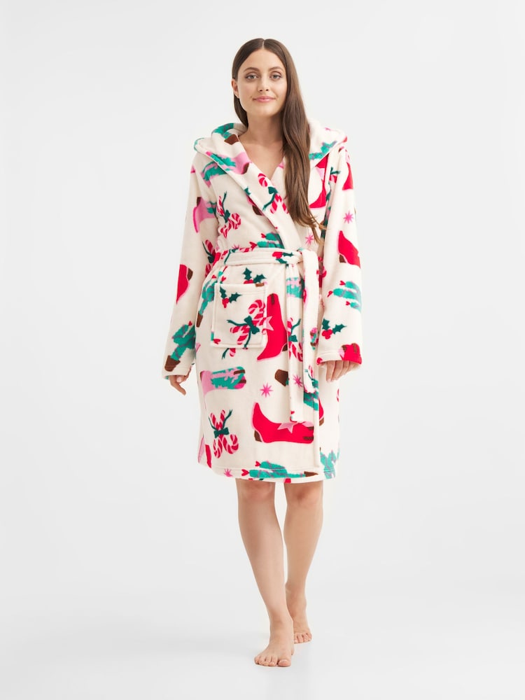 Urban Threads Urban Threads Cream Cowgirl Christmas Fleece Dressing Gown - Imagen 1 de 5