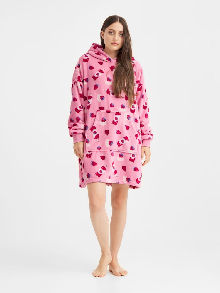 Urban Threads Pink Strawberries & Cream Fleece Blanket Hoodie - Image 1 of 4 Urban Threads Pink Strawberries & Cream Fleece Blanket Hoodie - Image 1 of 4