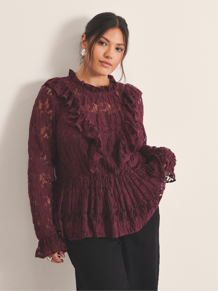 Simply Be Red Ruffle Front Lace Blouse - Image 1 of 4 Simply Be Red Ruffle Front Lace Blouse - Image 1 of 4