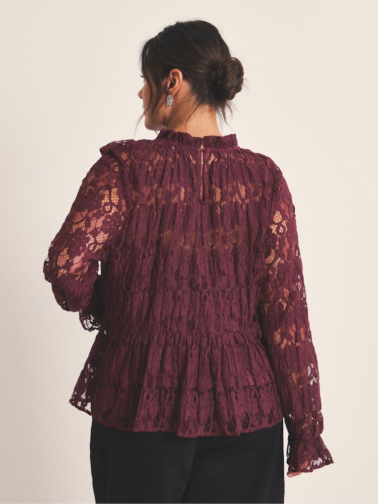 Simply Be Red Ruffle Front Lace Blouse - Image 2 of 4 Simply Be Red Ruffle Front Lace Blouse - Image 2 of 4