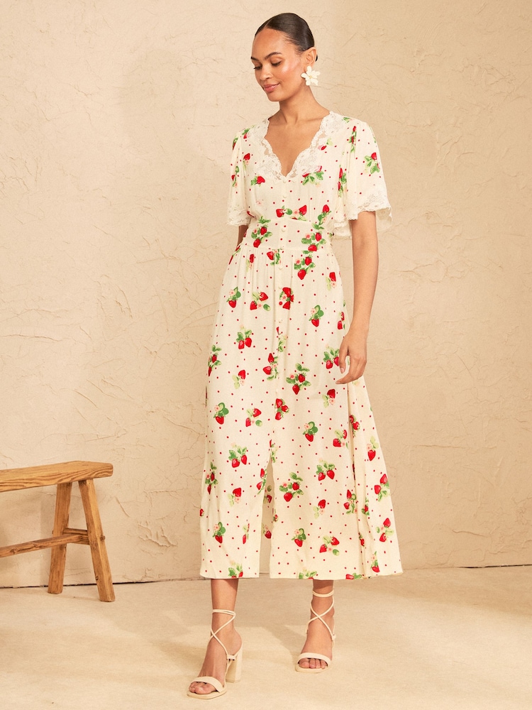Love & Roses Ivory Strawberry Print Lace Midaxi Tea Dress - Image 1 of 4 Love & Roses Ivory Strawberry Print Lace Midaxi Tea Dress - Image 1 of 4
