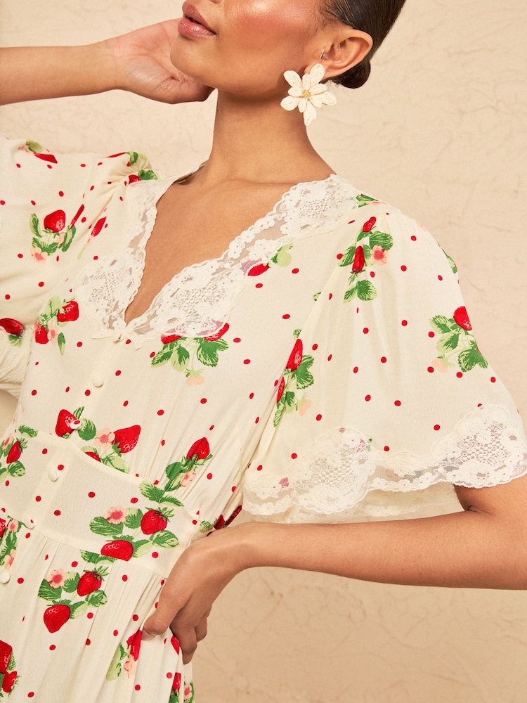 Love & Roses Ivory Strawberry Print Lace Midaxi Tea Dress - Image 2 of 4 Love & Roses Ivory Strawberry Print Lace Midaxi Tea Dress - Image 2 of 4