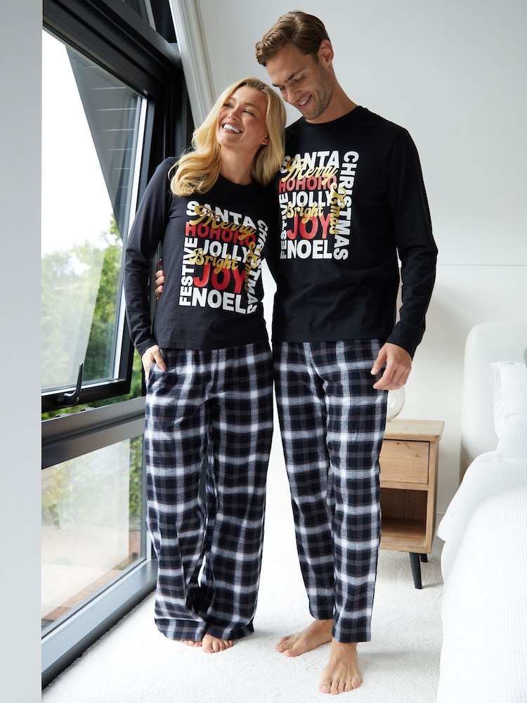 Threadbare Black Curve Christmas Slogan Graphic Long Pyjamas (2-Piece Set) - Image 2 of 5 Threadbare Black Curve Christmas Slogan Graphic Long Pyjamas (2-Piece Set) - Image 2 of 5